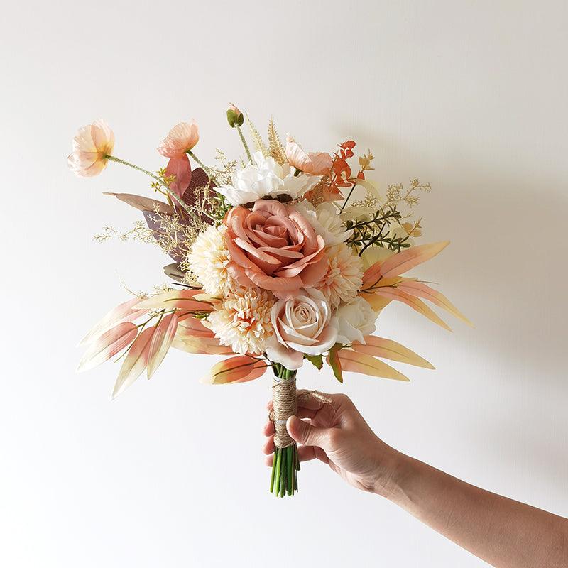 Aesthetic orange pink rose peony hand bouquet simulation flowers