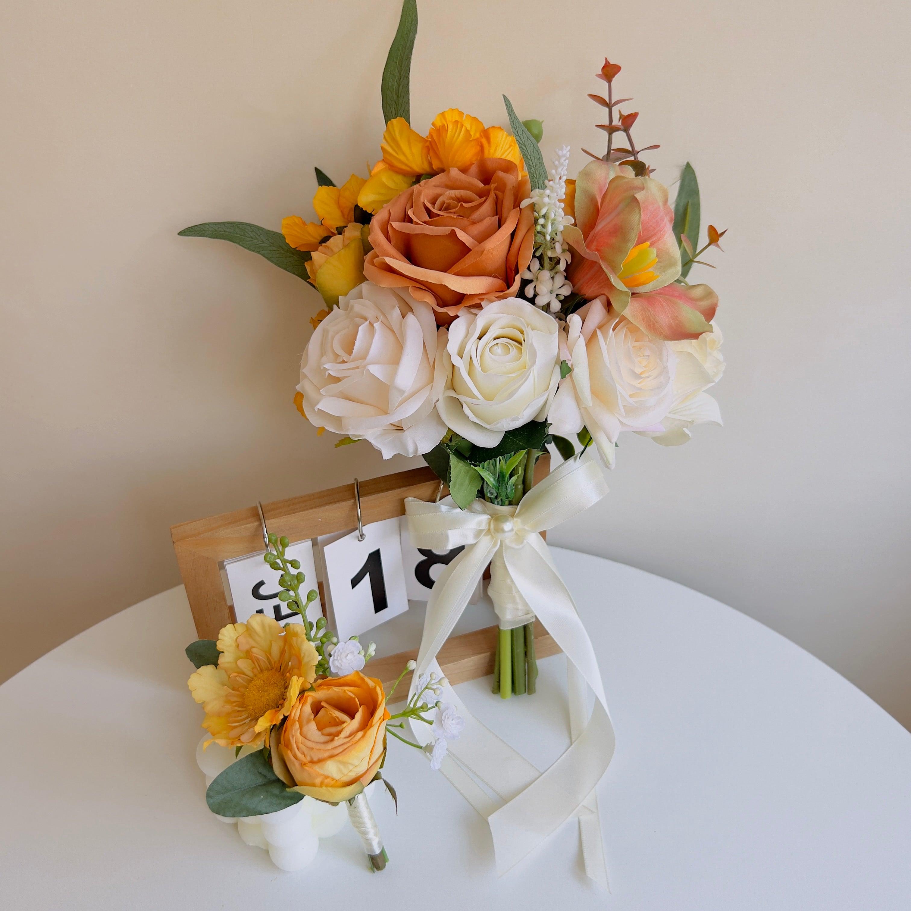 Simulated Autumn Color Roses Mixed Hand Bouquet Portrait