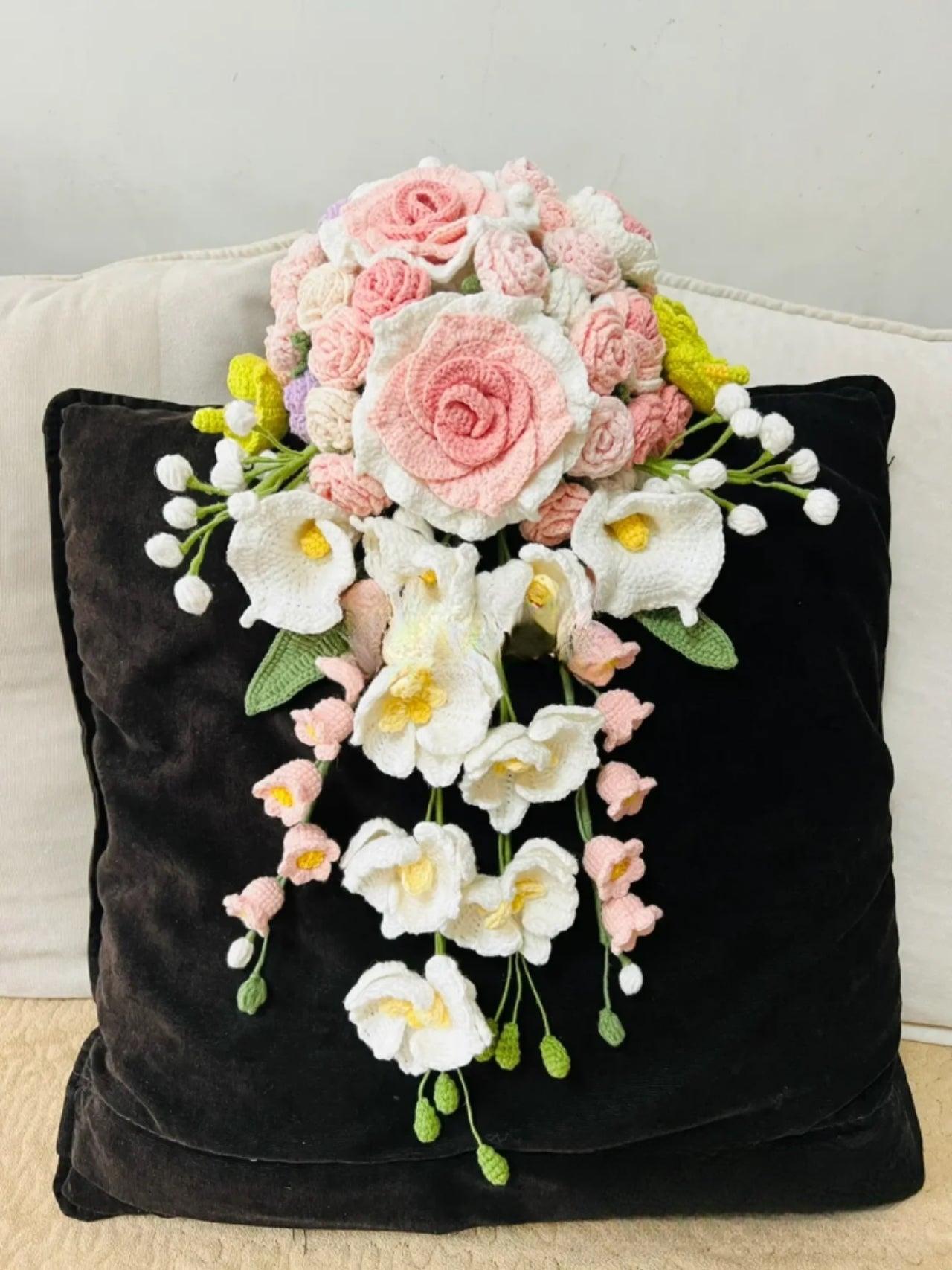 Simulated flowers bridal hand bouquet wool hand knitted Thai rose bouquet