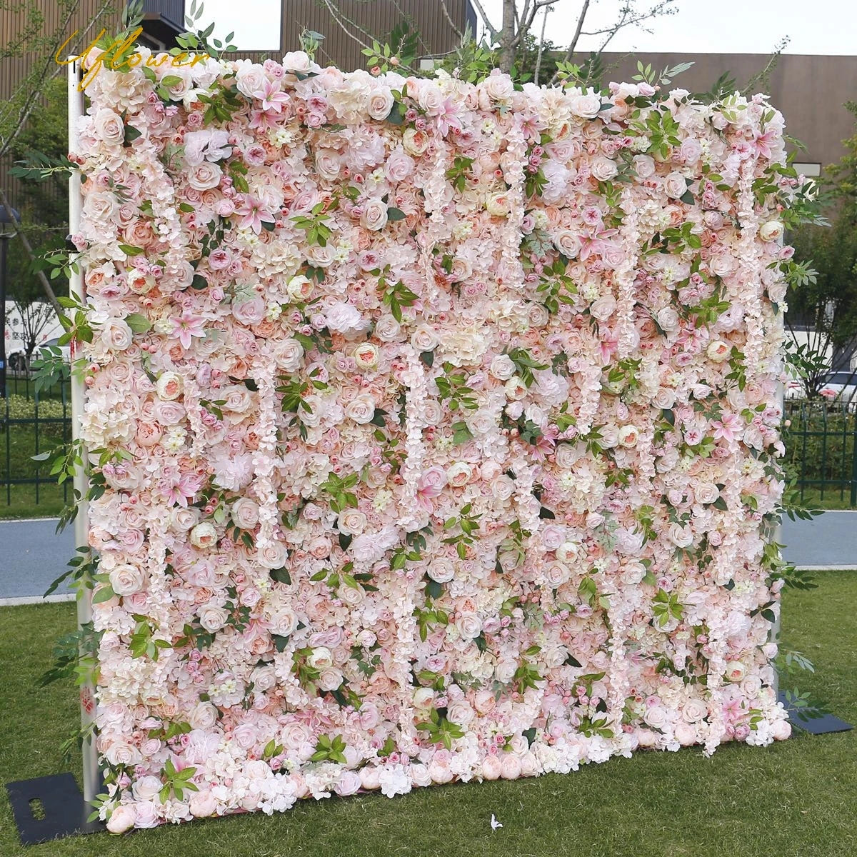 Wedding Green Pink Rose Artificial Flower Wall