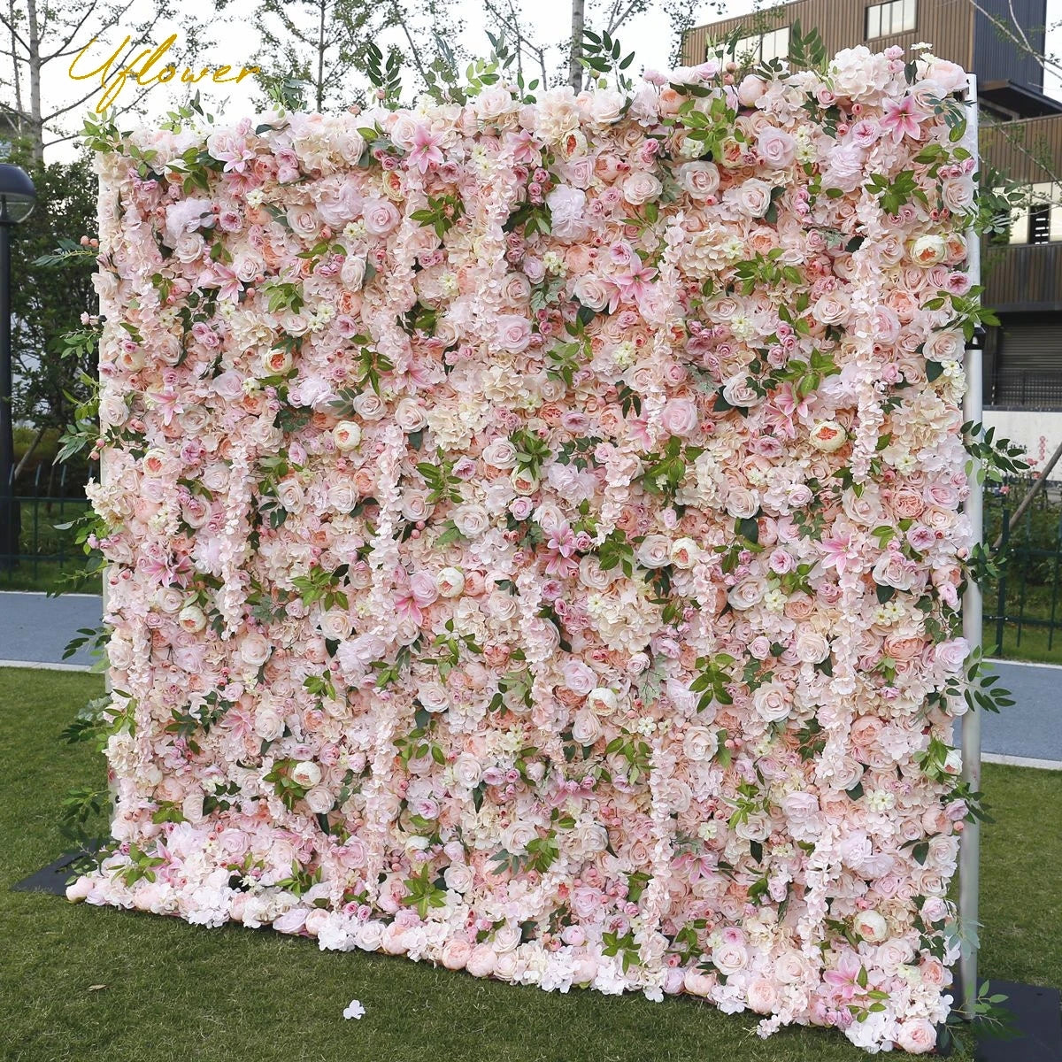 Wedding Green Pink Rose Artificial Flower Wall