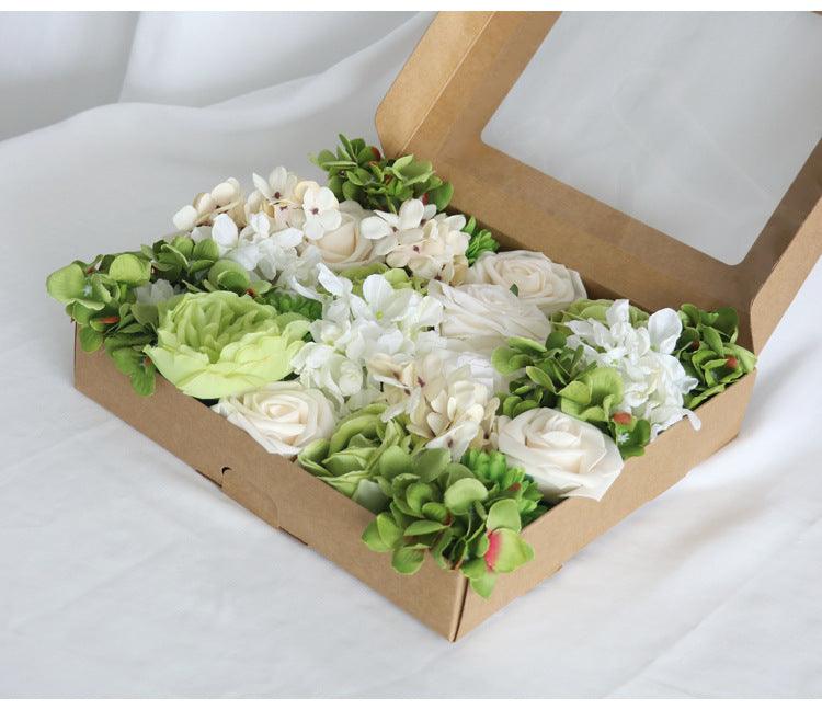 Flower Box Silk Blooming Flowers White Green Hydrangea Roses