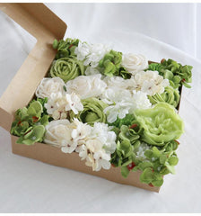 Flower Box Silk Blooming Flowers White Green Hydrangea Roses