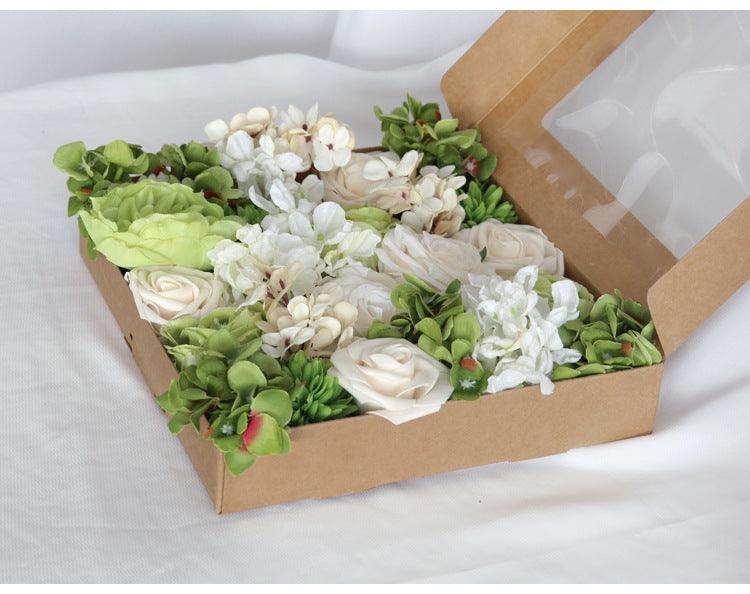 Flower Box Silk Blooming Flowers White Green Hydrangea Roses