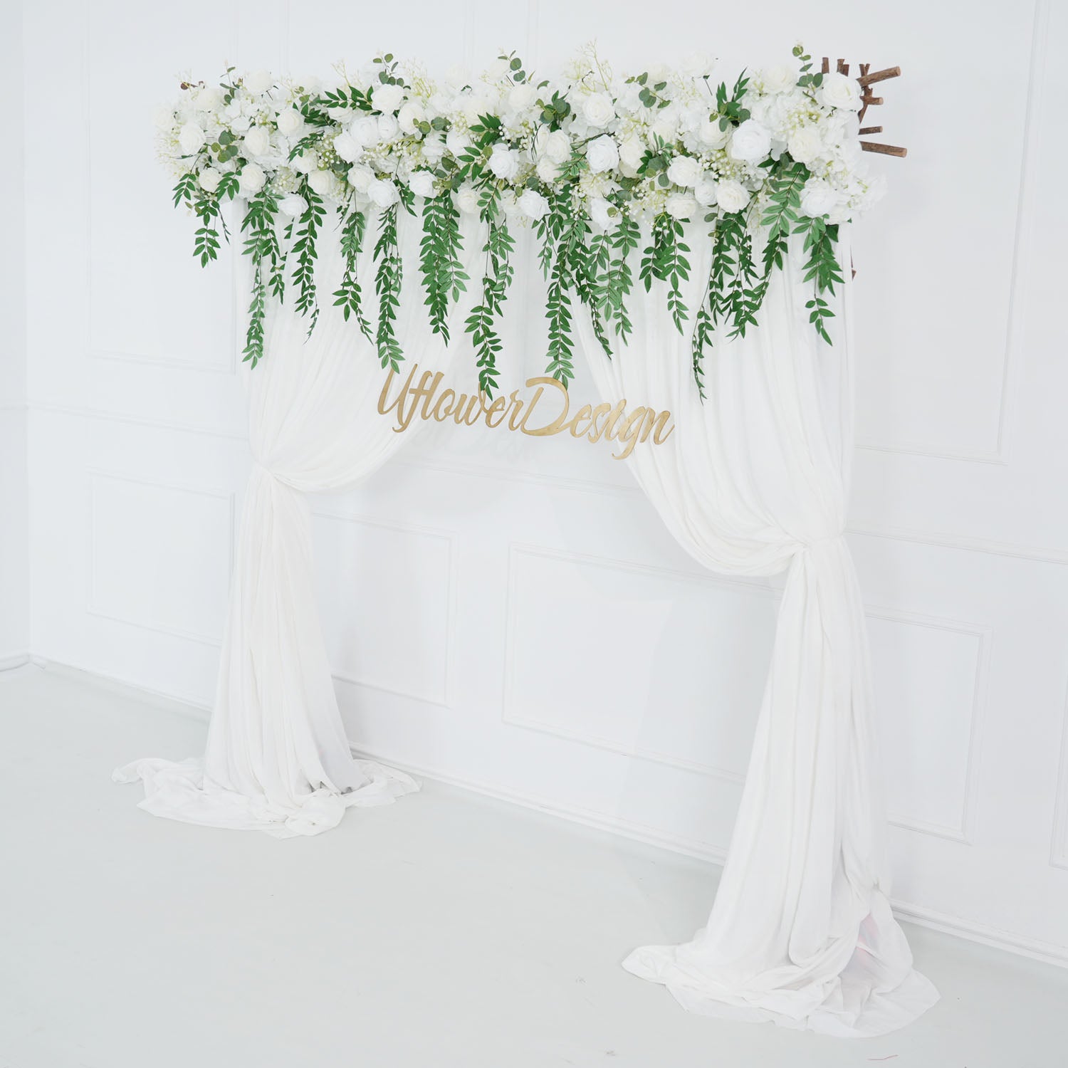 White Rose Green Leaves Faux Flower Wall Backdrop 1 picture