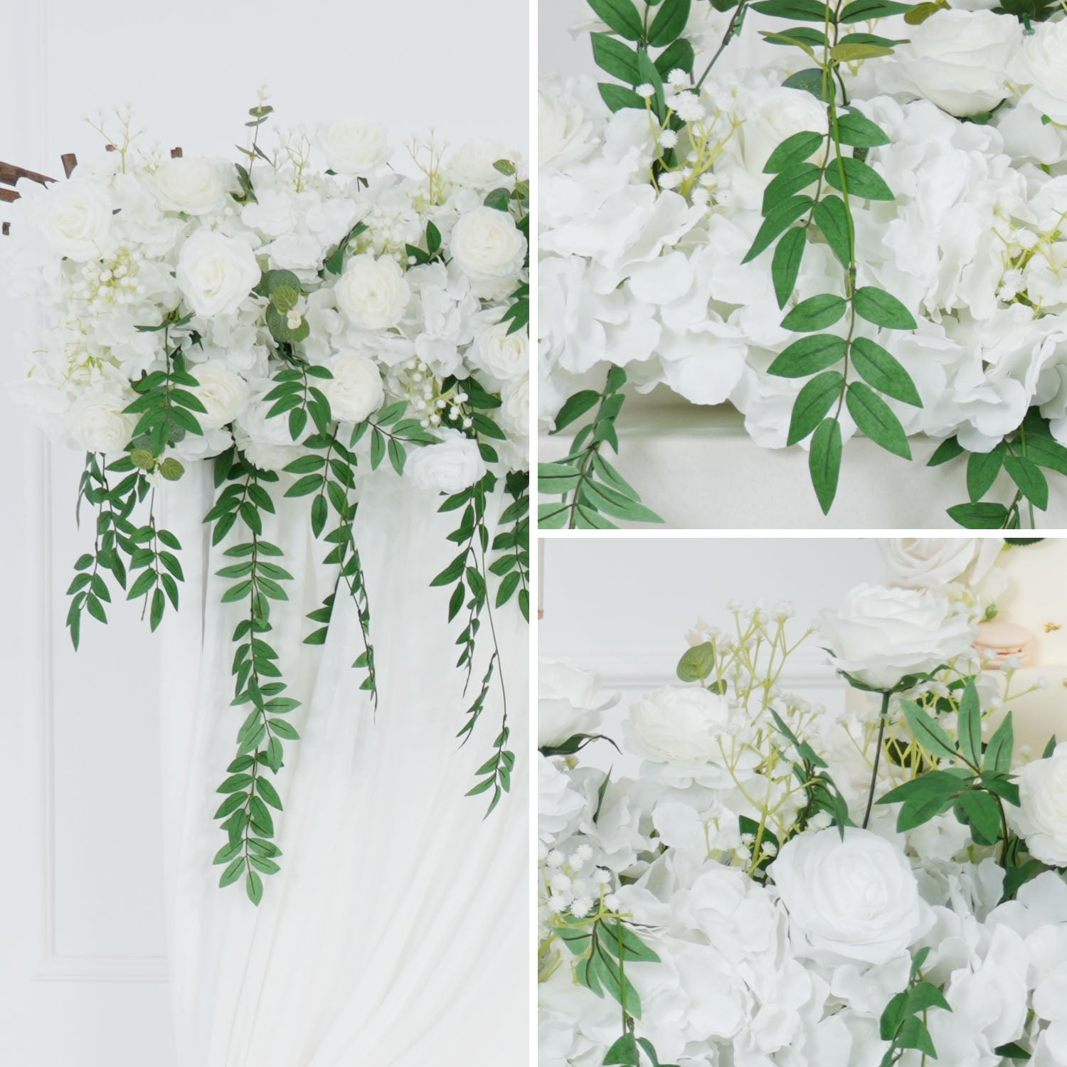 White Rose Green Leaves Faux Flower Wall Backdrop 2 picture