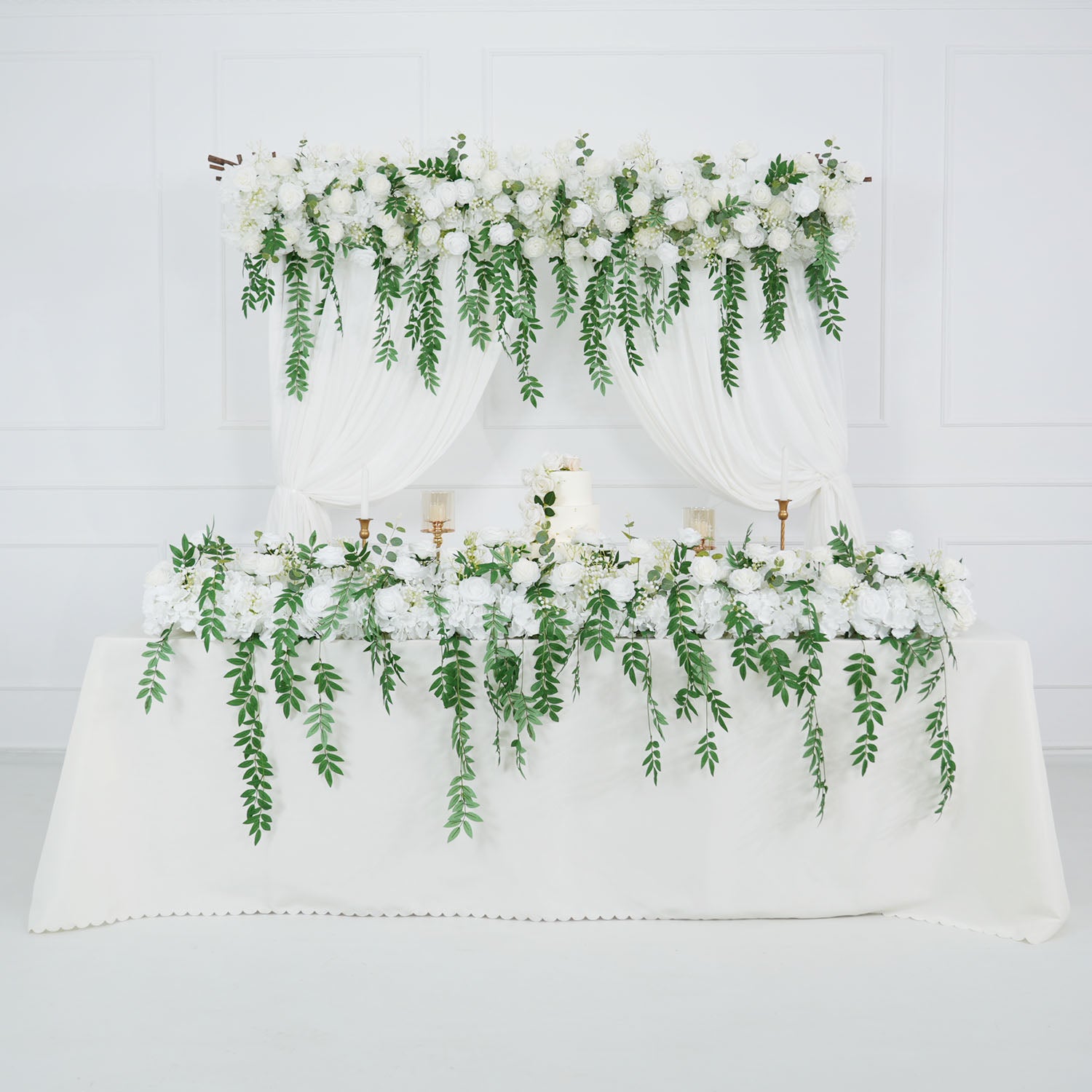 White Rose Green Leaves Faux Flower Wall Backdrop 3 picture