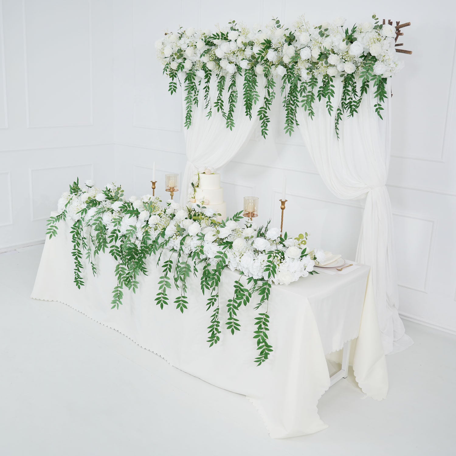 White Rose Green Leaves Faux Flower Wall Backdrop 4 picture