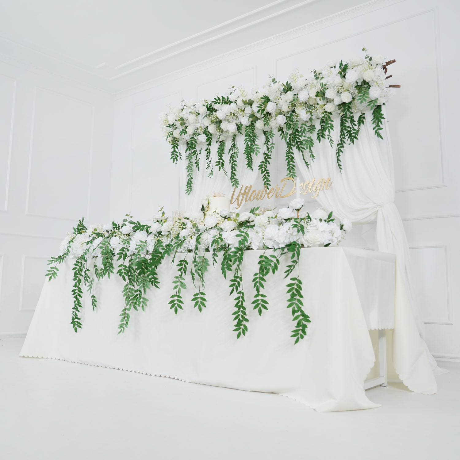 White Rose Green Leaves Faux Flower Wall Backdrop 5 picture