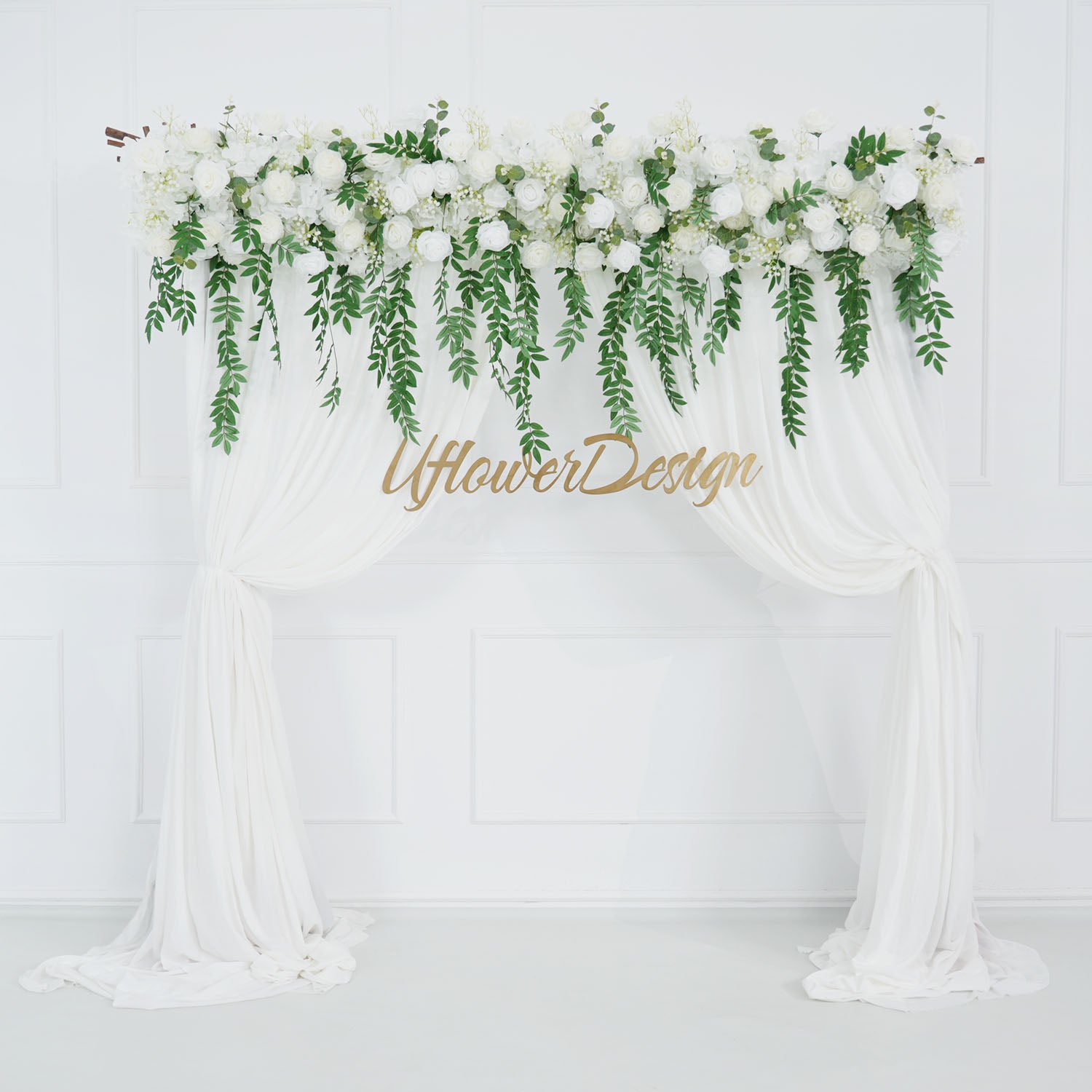 White Rose Green Leaves Faux Flower Wall Backdrop Main picture