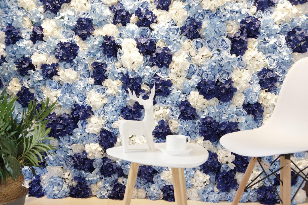 Simulated white and blue rose embroidered wall wedding background