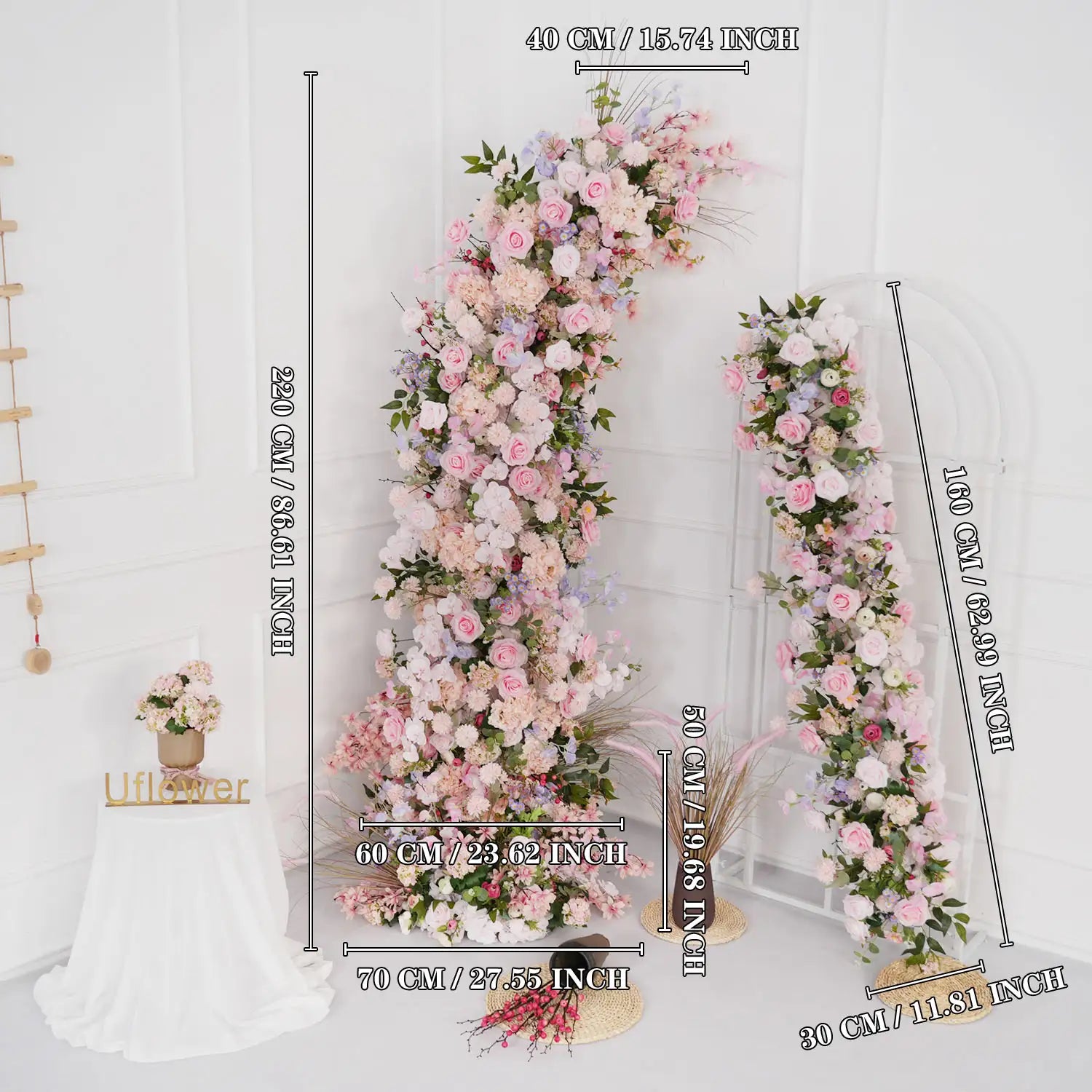 Uflower Pink Rose Wedding Horn Arch Backdrop Decor SET80043