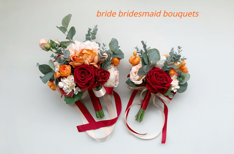 Bride Bridesmaid Bouquets in Orange Red Rose