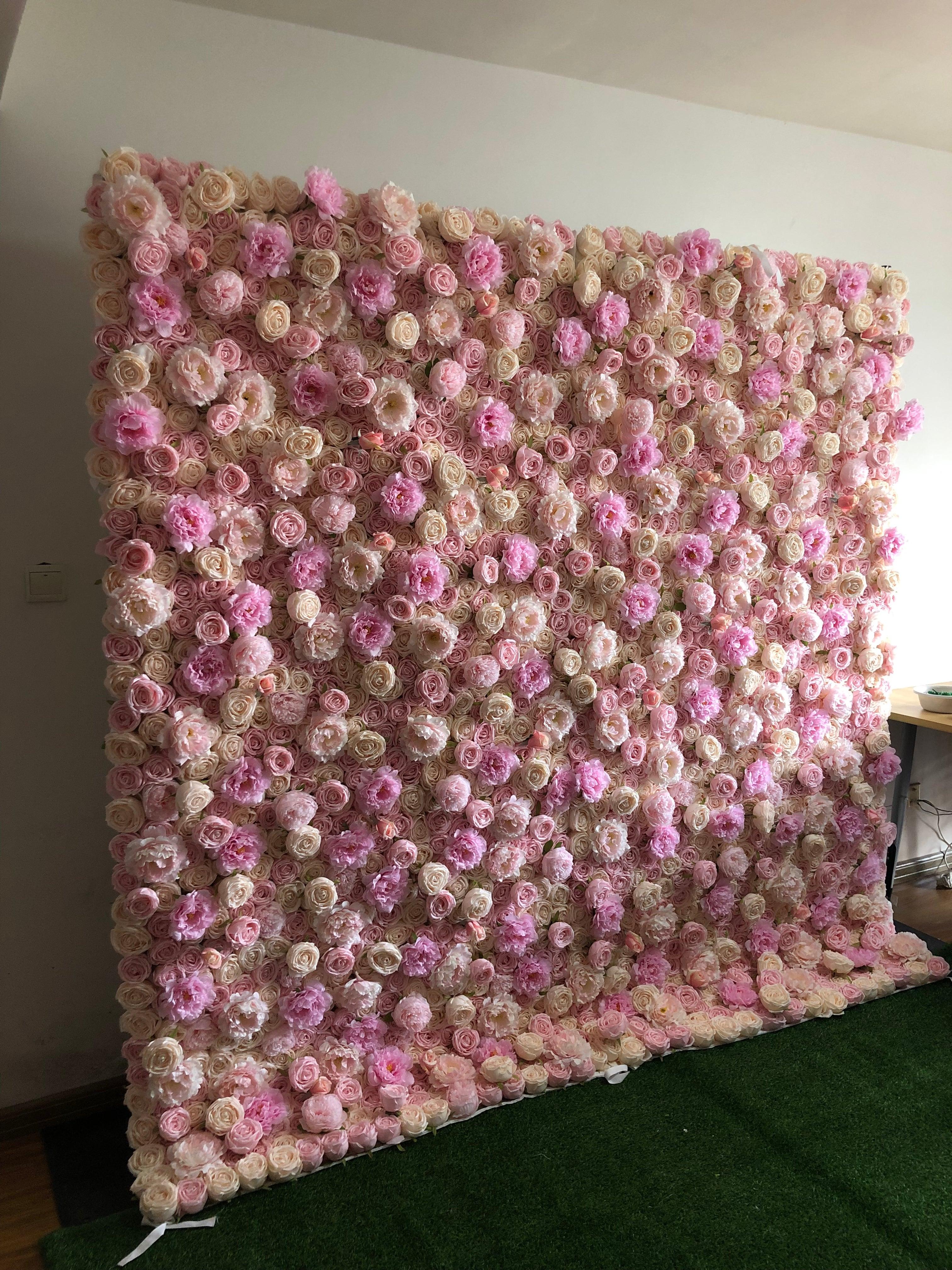 Flower Wall Pink Champagne Peony Fabric Rolling Up Curtain Floral Backdrop Wedding Party Proposal Decor