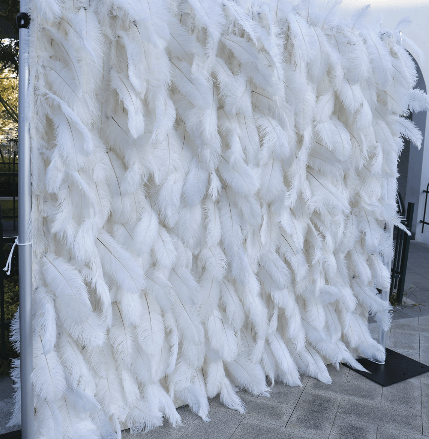 Flower Wall White Ostrich Feather Fabric Rolling Up Curtain Floral Backdrop Wedding Party Proposal Decor