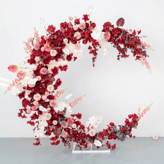 Artificial red moon shaped arch wedding background decoration