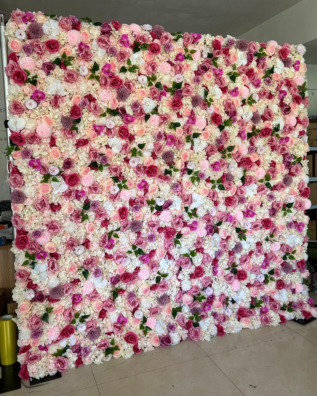 Flower Wall Rose Pink  Rolling Up Curtain Fabric Artificial Flower Wall Backdrop Proposal Wedding Party Decor