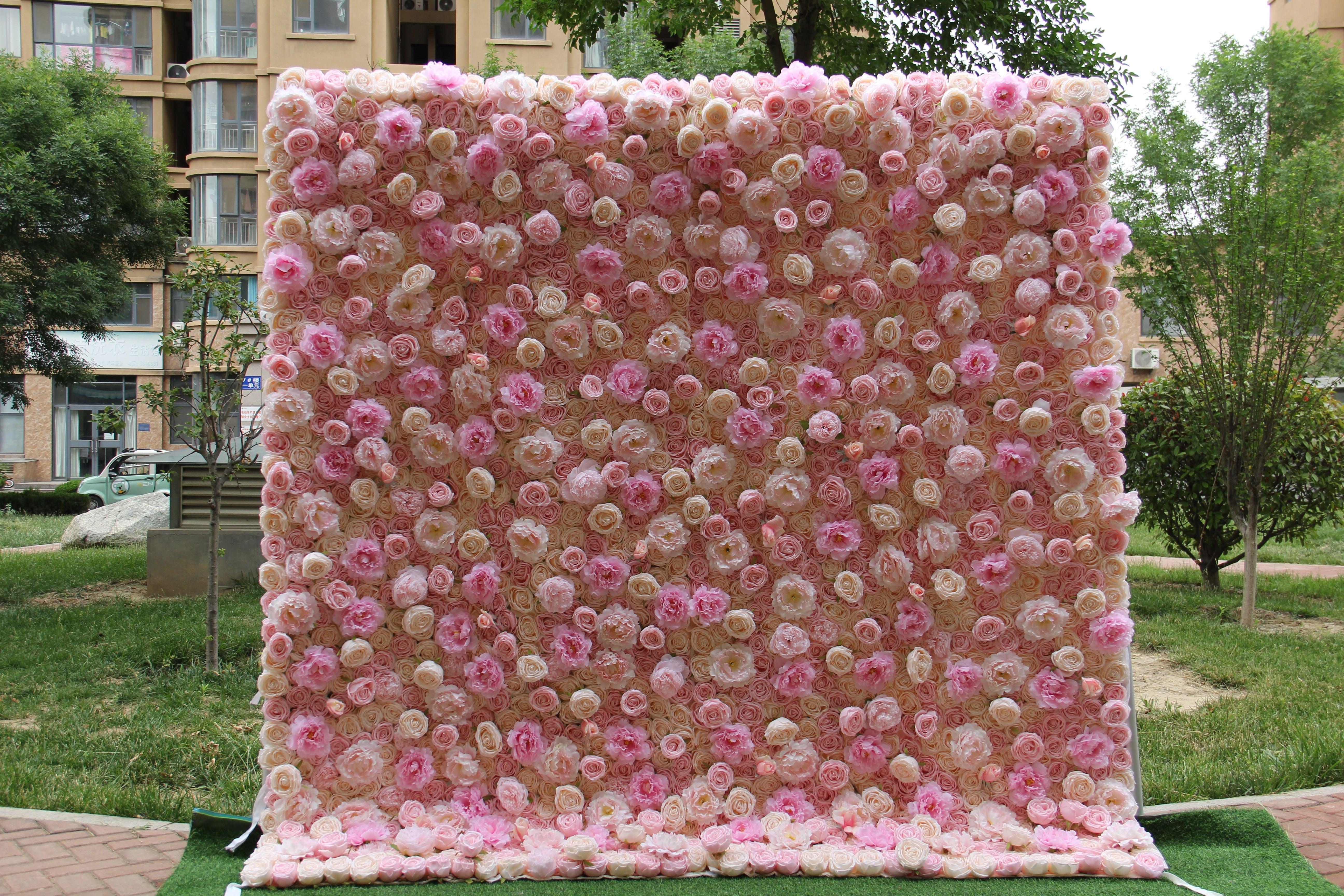 Flower Wall Pink Champagne Peony Fabric Rolling Up Curtain Floral Backdrop Wedding Party Proposal Decor