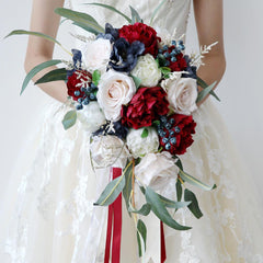 Cascade Bridal Bouquet in Mixed White -Claret