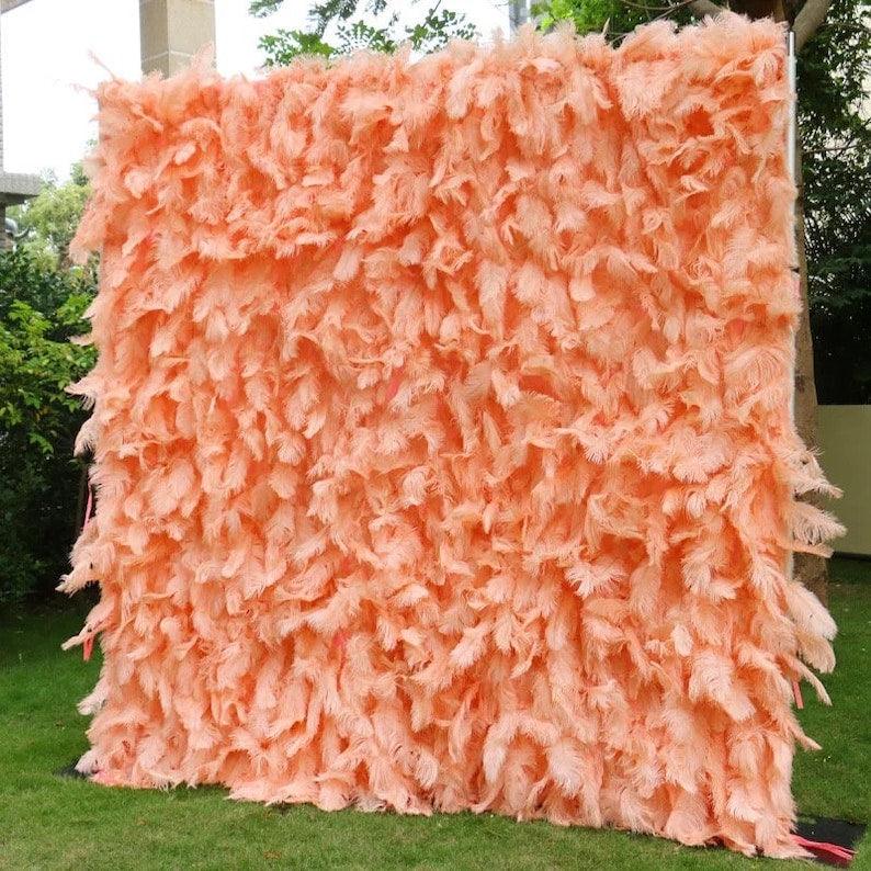 Flower Wall Bright Orange Ostrich Feather Fabric Rolling Up Curtain Floral Backdrop Wedding Party Proposal Decor